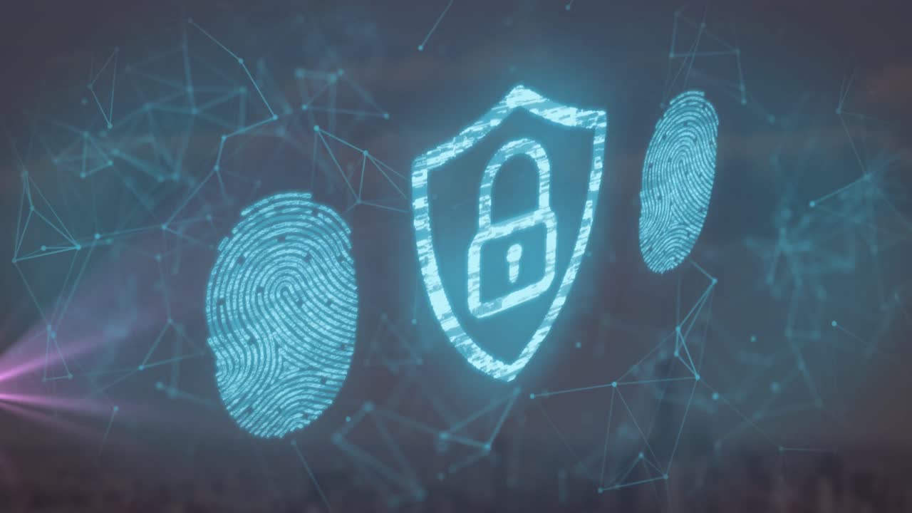 animación de iconos de candado y huellas dactilares con red de conexiones sobre fondo gris