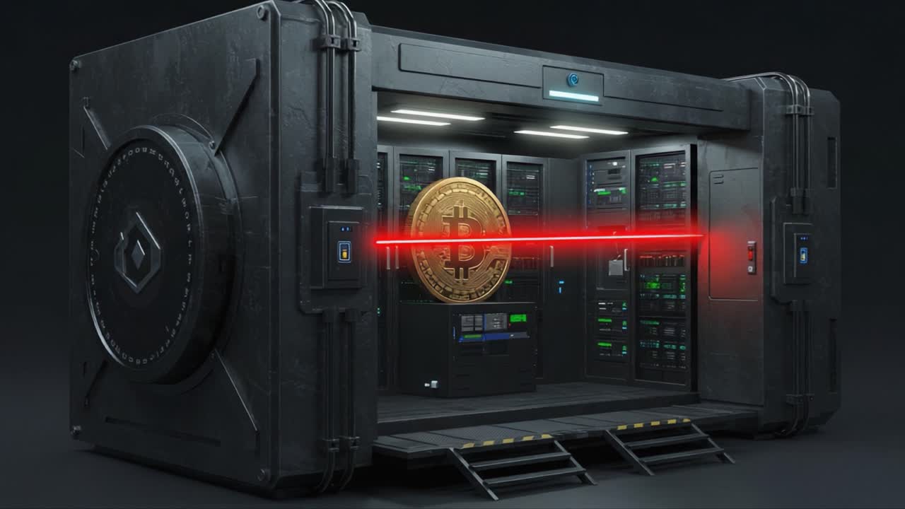 A Secure Digital Vault Showcasing Cryptocurrency Storage and Protection Systems Featuring a Prominent Bitcoin in a High-Tech Environment