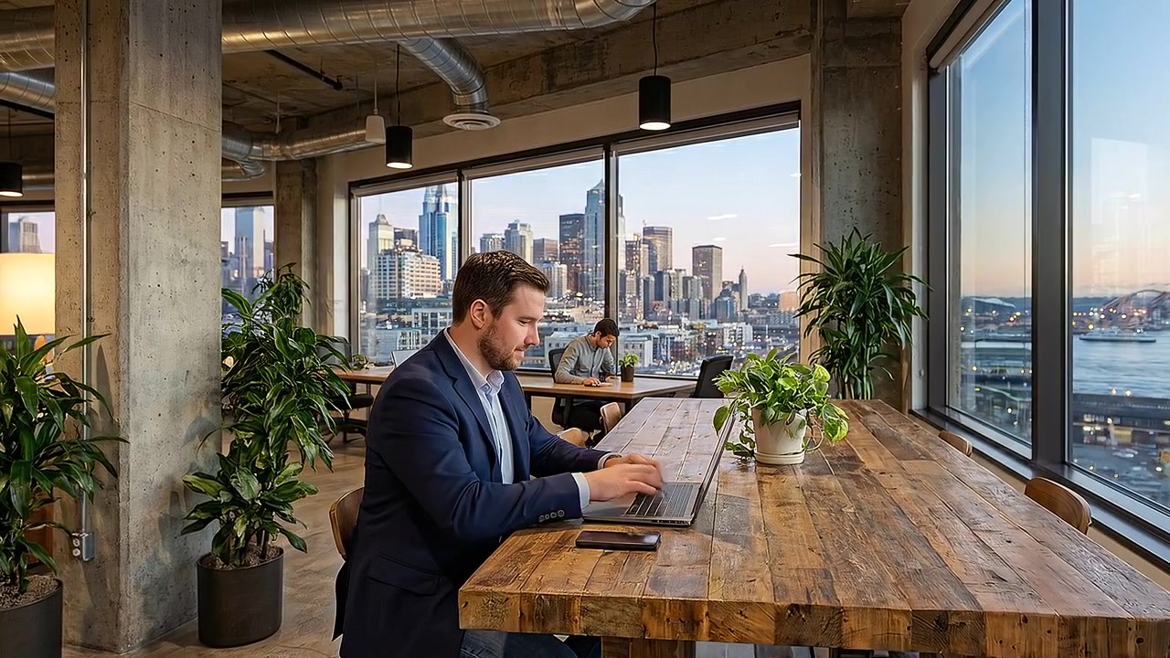 Professionista che Lavora al Laptop in un Ufficio Moderno con Vista sulla Città