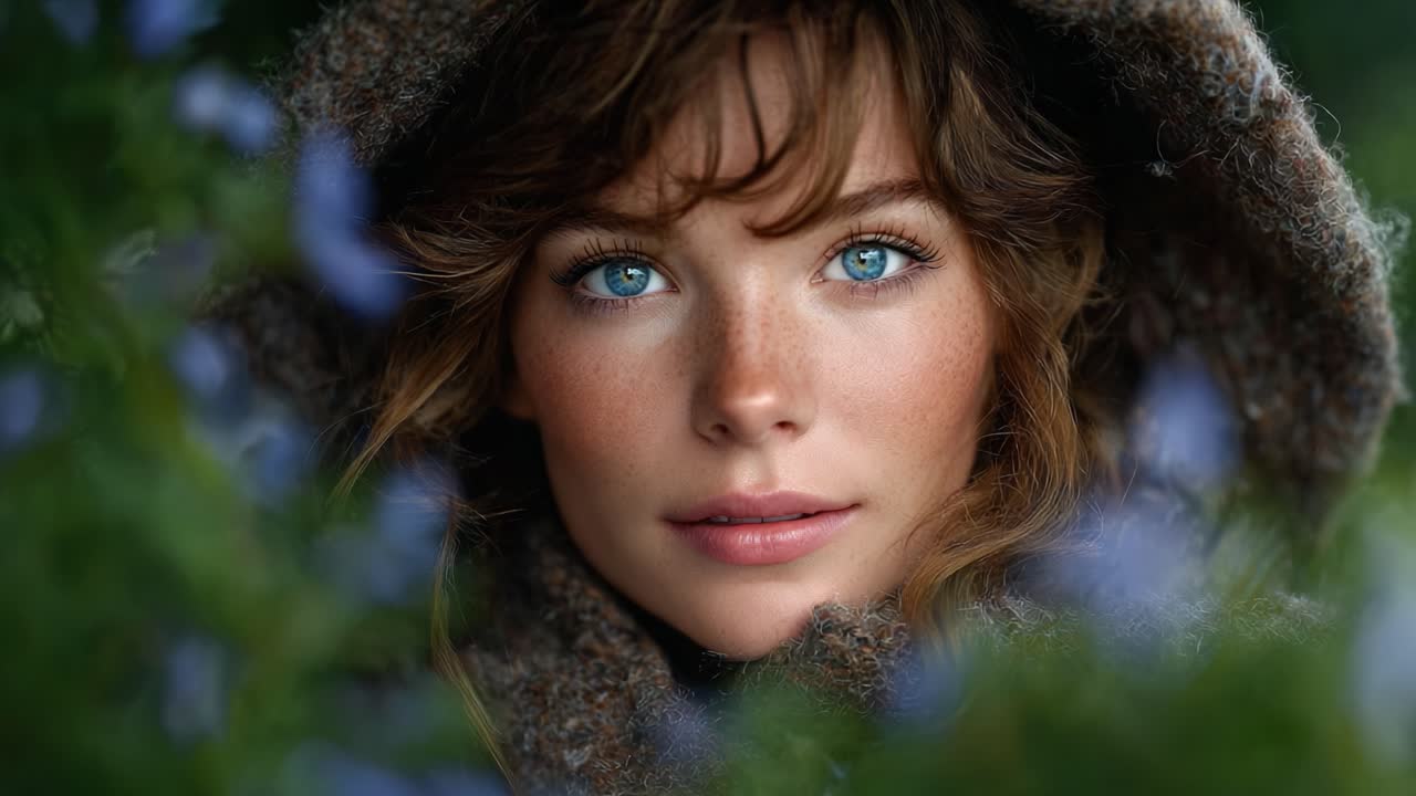 A Captivating Portrait of a Young Woman Surrounded by Nature, Her Striking Blue Eyes Capturing the Essence of Serenity and Natural Beauty