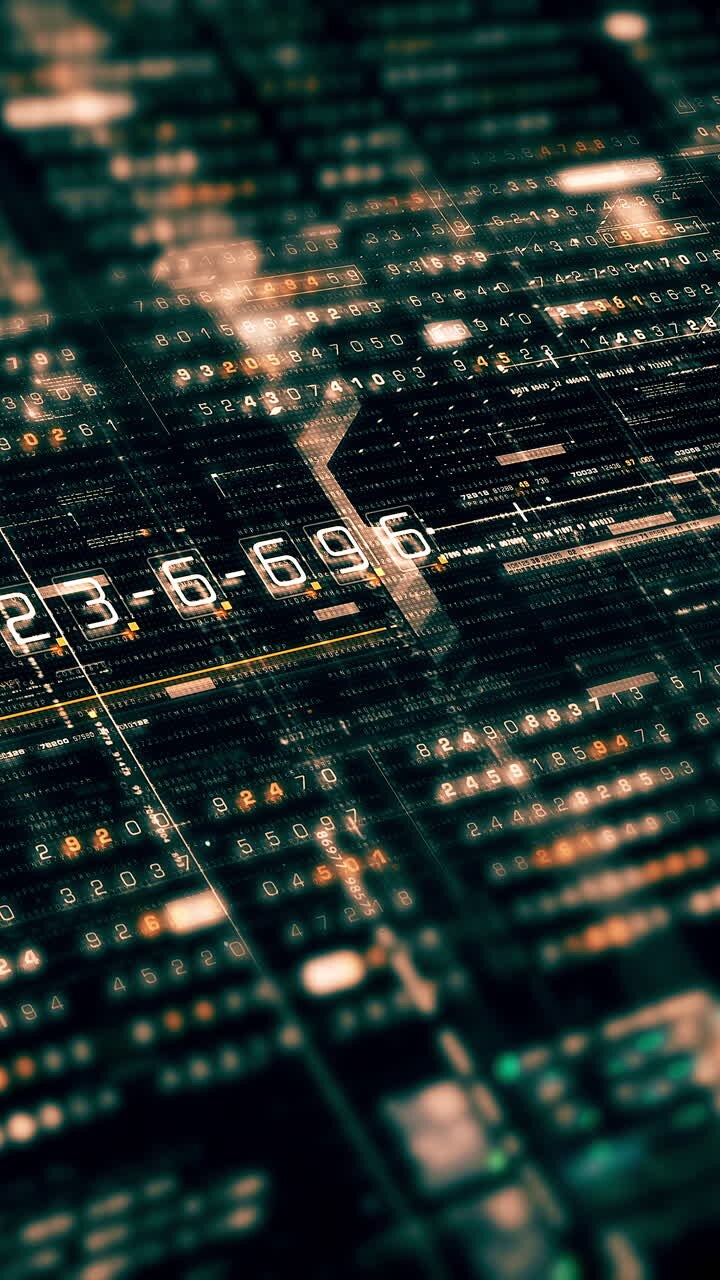 Metaverso futuristico, telemetria dati digitali hi-tech con visualizzazione di numeri crittografati, sfondo dinamico per desktop di computer, display a schermo in formato verticale
