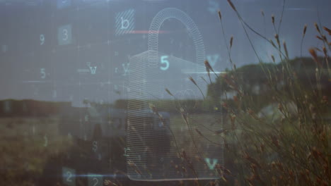 animation of scanning, virus warning and digital padlock over landscape