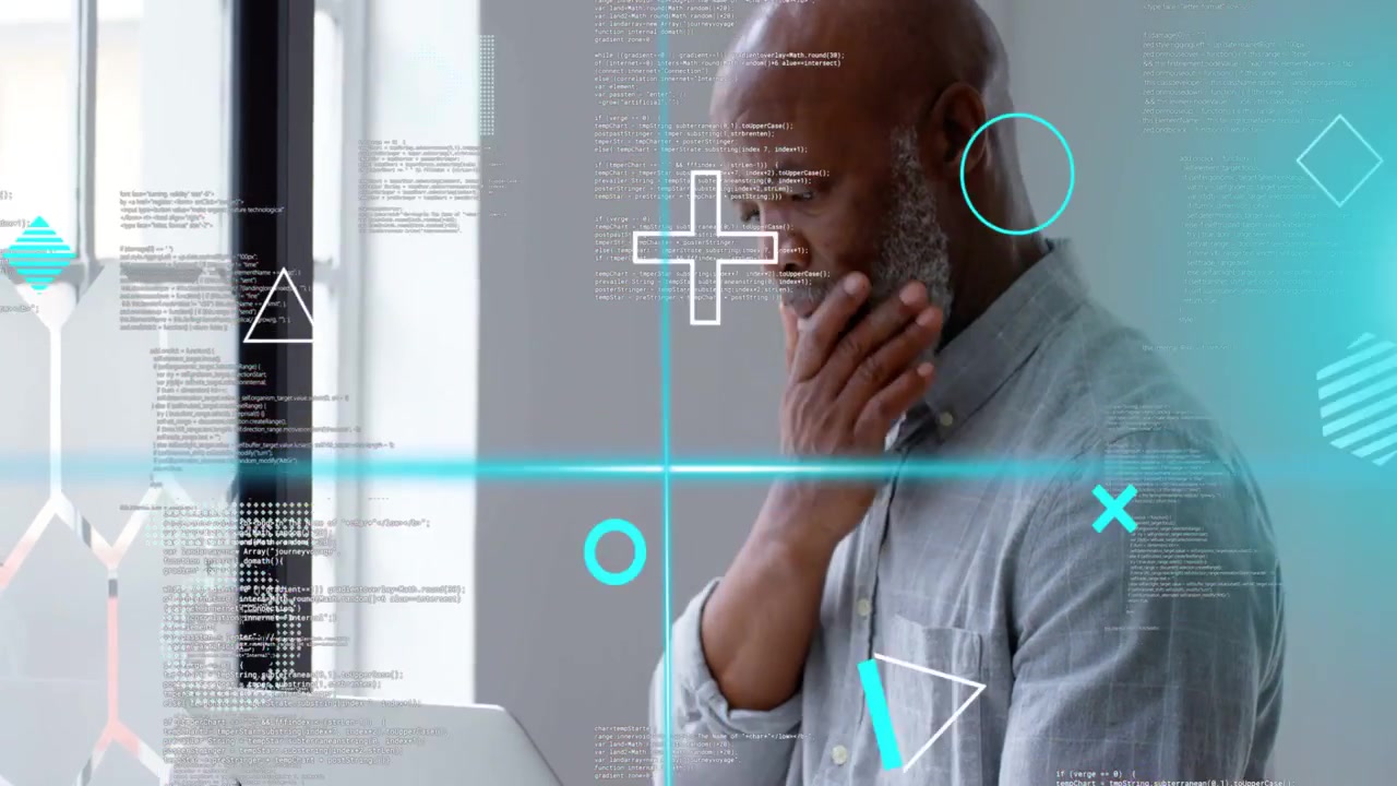 Developer placing laptop and typing at window, activating cyan HUD and debugging code