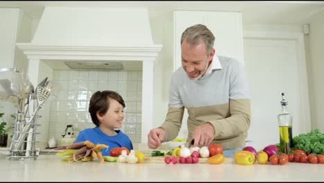 Father-assisting-son-in-chopping-vegetable