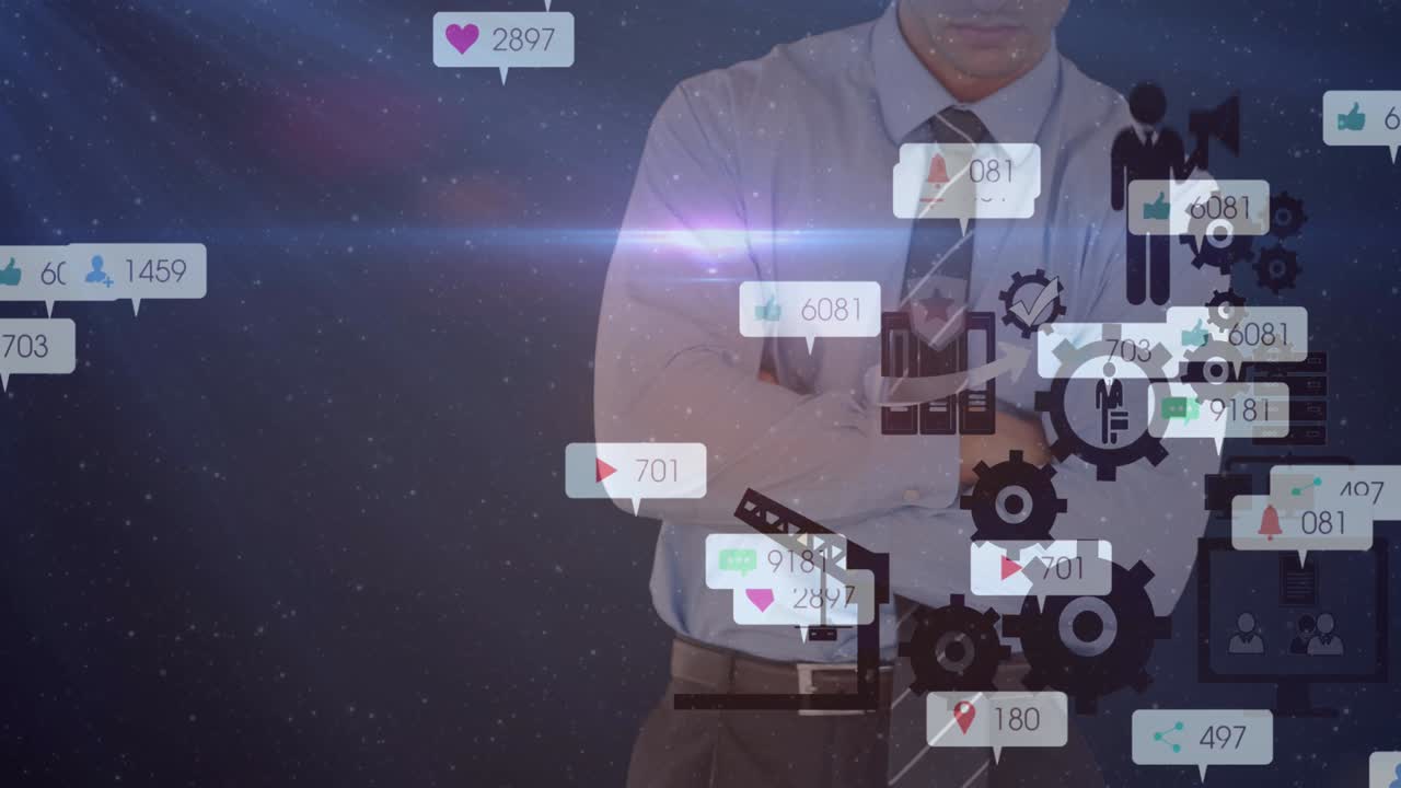 animación de iconos y números de redes sociales sobre un hombre de negocios sobre un fondo púrpura