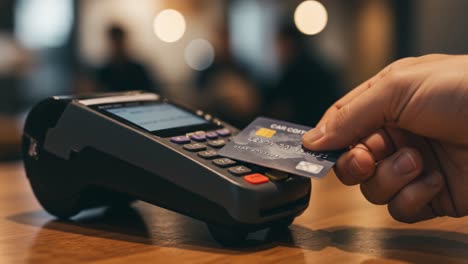 close up of customer hand performing contactless payment with credit card at restaurant point of sale terminal, completing secure electronic transaction near wooden counter