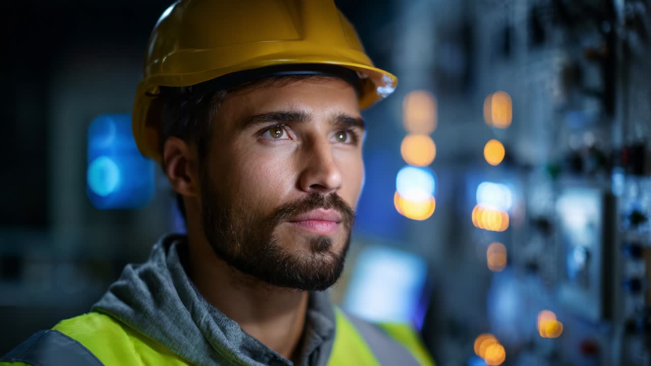 Professionista concentrato che contempla sistemi complessi di pannelli di controllo in un ambiente industriale con illuminazione calda e componenti dettagliati di macchinari, che indicano una seria etica del lavoro e competenza tecnica