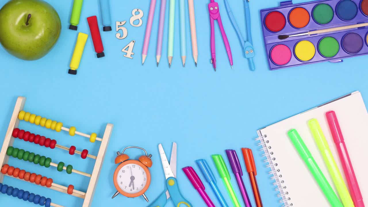 Time for school stop motion animation with clock moving on blue theme with school stationery