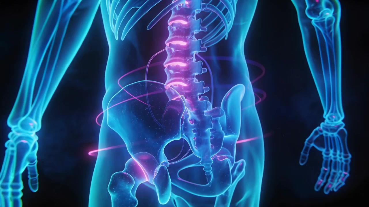 Animating magenta rings rising, neon torso model rotating to lateral in studio, highlighting hips