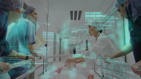 medical data processing animation over doctors rushing patient on hospital gurney