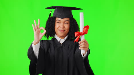 Graduation,-green-screen-and-woman-okay-hands