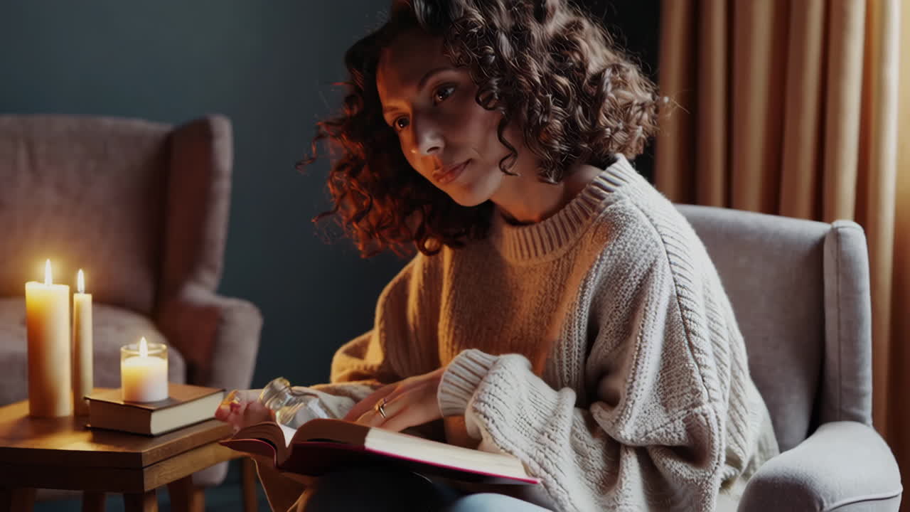 Donna che legge un libro alla luce delle candele