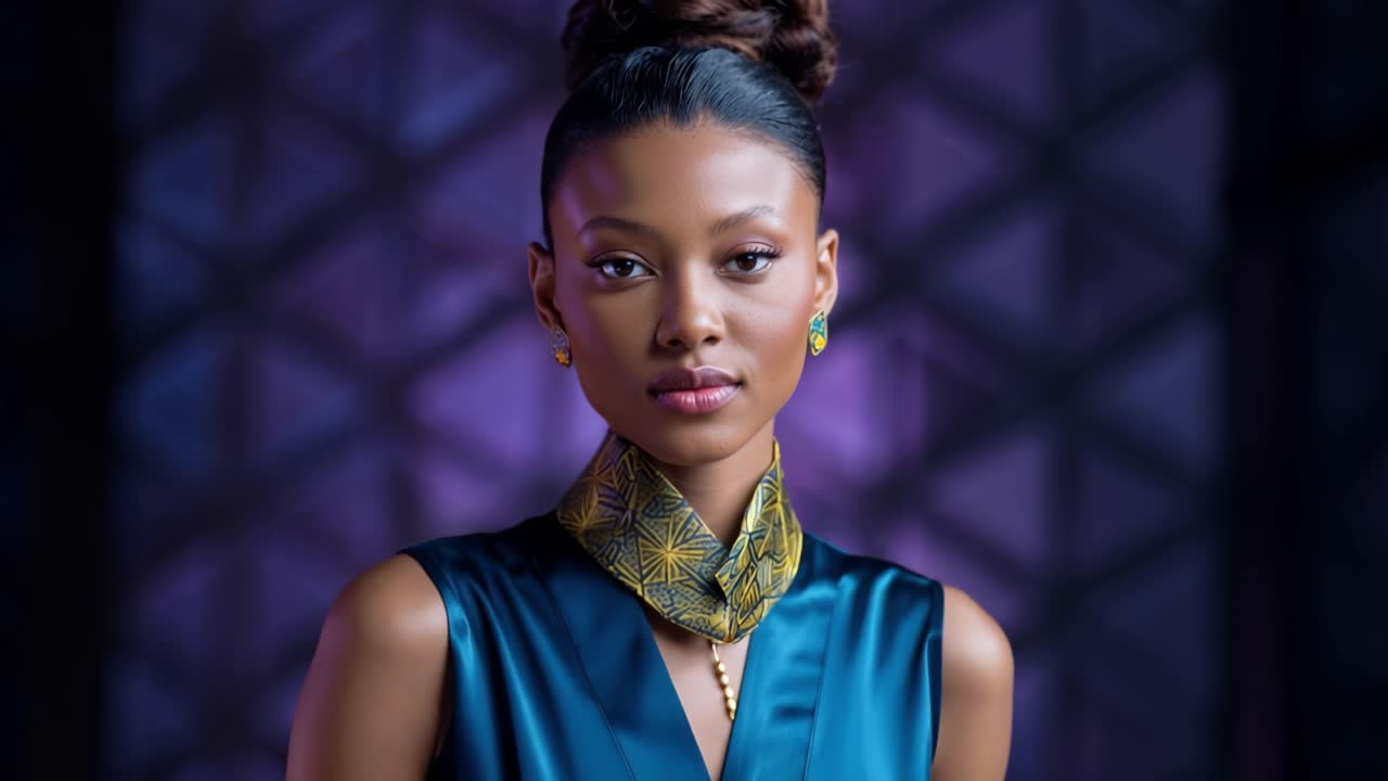 Elegant woman gazes softly toward the camera. Her high neckpiece gleams with intricate patterns. Deep blue dress flows with subtle sheen. Purple geometric backdrop adds moody contrast