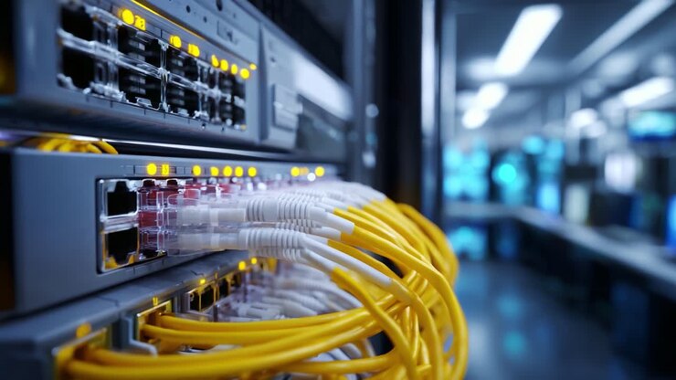 High-tech server room showcasing advanced network infrastructure with meticulously organized yellow Ethernet cables connecting to routers and switches for seamless data transmission