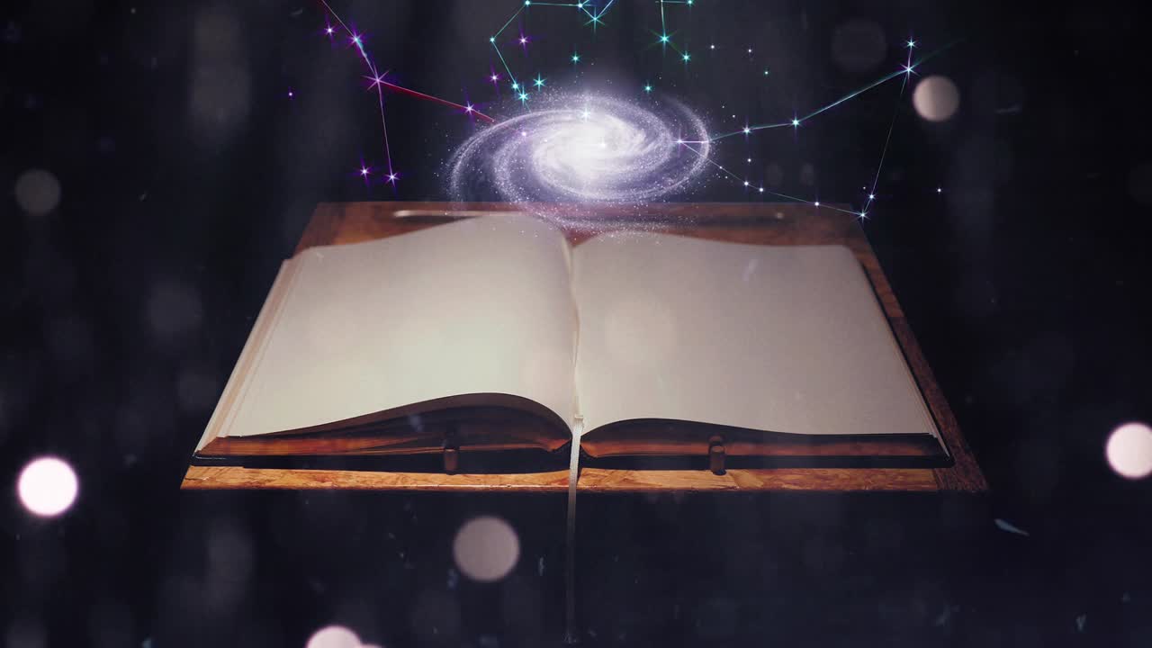 abre un libro de páginas en blanco con una galaxia animada en 3d