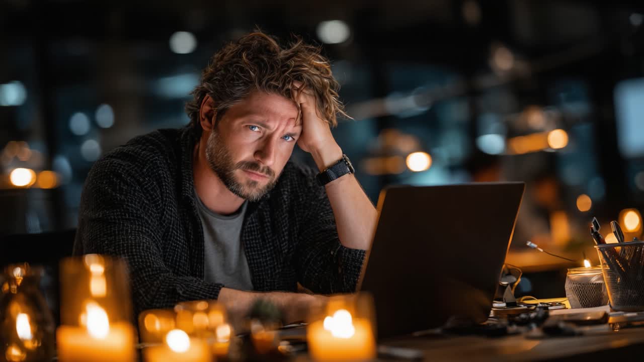 A contemplative moment captured in a dimly lit workspace, where a man furrows his brow in thought while looking at his laptop surrounded by flickering candles