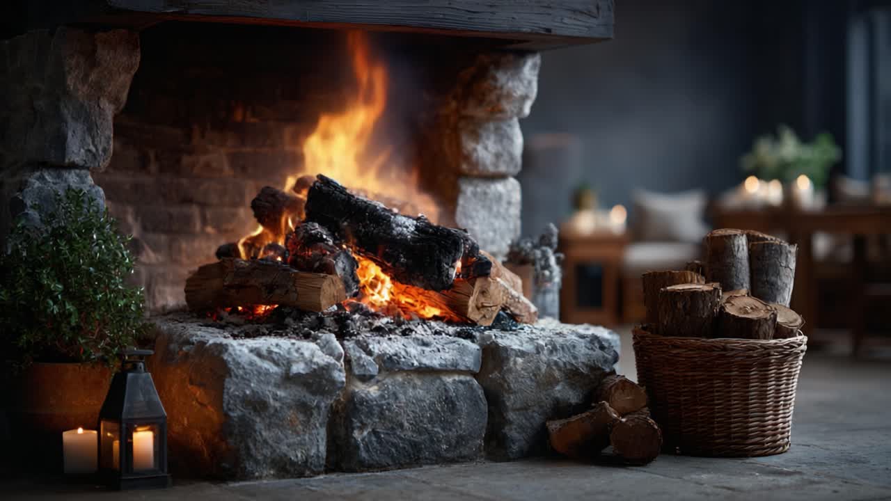 A Cozy Evening by the Fireplace: Warm Flames Dancing Over a Stone Hearth, Creating an Inviting Atmosphere for Relaxation and Comfort