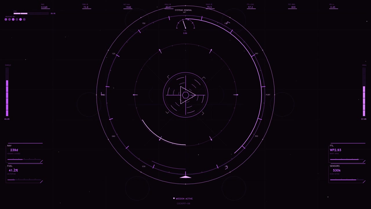 Questa grafica in movimento ad alta tecnologia presenta un'interfaccia minimalista al neon viola su uno sfondo scuro. Il reticolo circolare centrale è circondato da letture di dati dinamiche che includono livelli di carburante, monitoraggio delle radiazioni