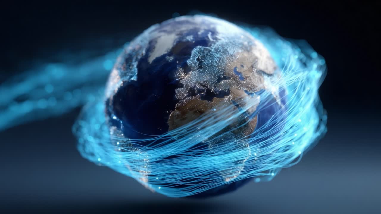 Dynamic Visualization of Earth Surrounded by Energetic Blue Particles Representing Global Connectivity and Digital Communication in a Modern World