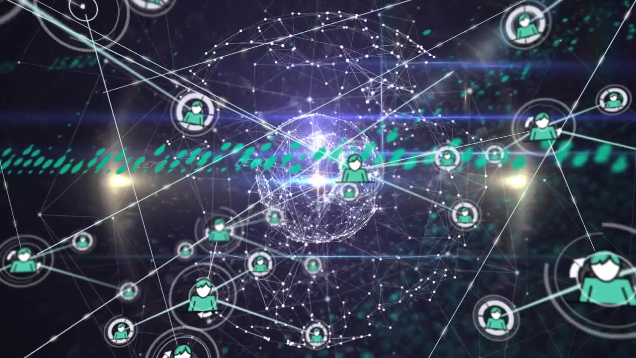 Animation of network of connections with people icons with data processing