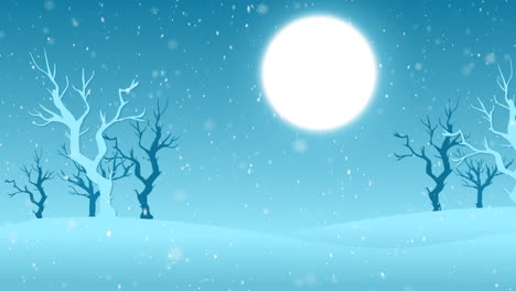 animation of christmas winter scenery with snow falling and full moon with trees on blue background