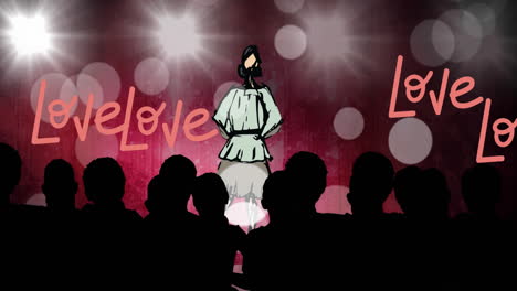 animación de moda dibujo de modelo en la pasarela en un desfile de moda sobre fondo rojo