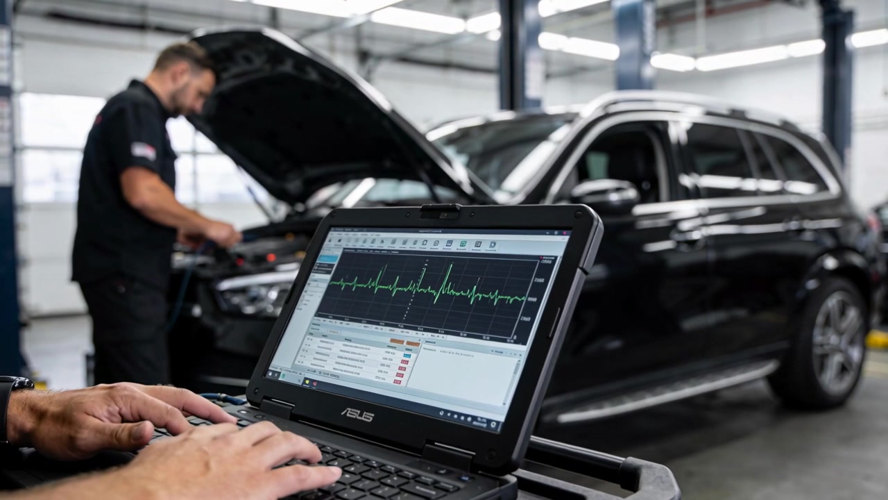 Meccanico che collega un cavo diagnostico, utilizza un laptop ASUS digitando input in un'area di servizio vicino a un SUV, leggendo una forma d'onda.