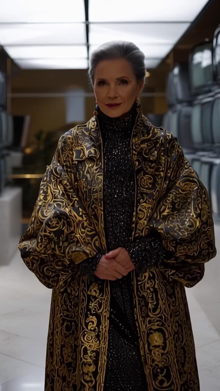 Elegante ritratto di una donna anziana di classe che indossa una lussuosa veste nera e oro, che irradia sicurezza e grazia in un ambiente interno moderno con illuminazione soffusa.