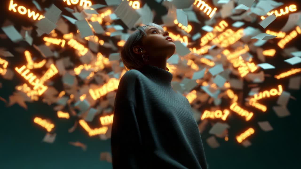 An ethereal reflection of thoughts and ideas, illuminated in a captivating array of floating text, where a young woman gazes upward, lost in contemplation amidst a dazzling display of words and meanings