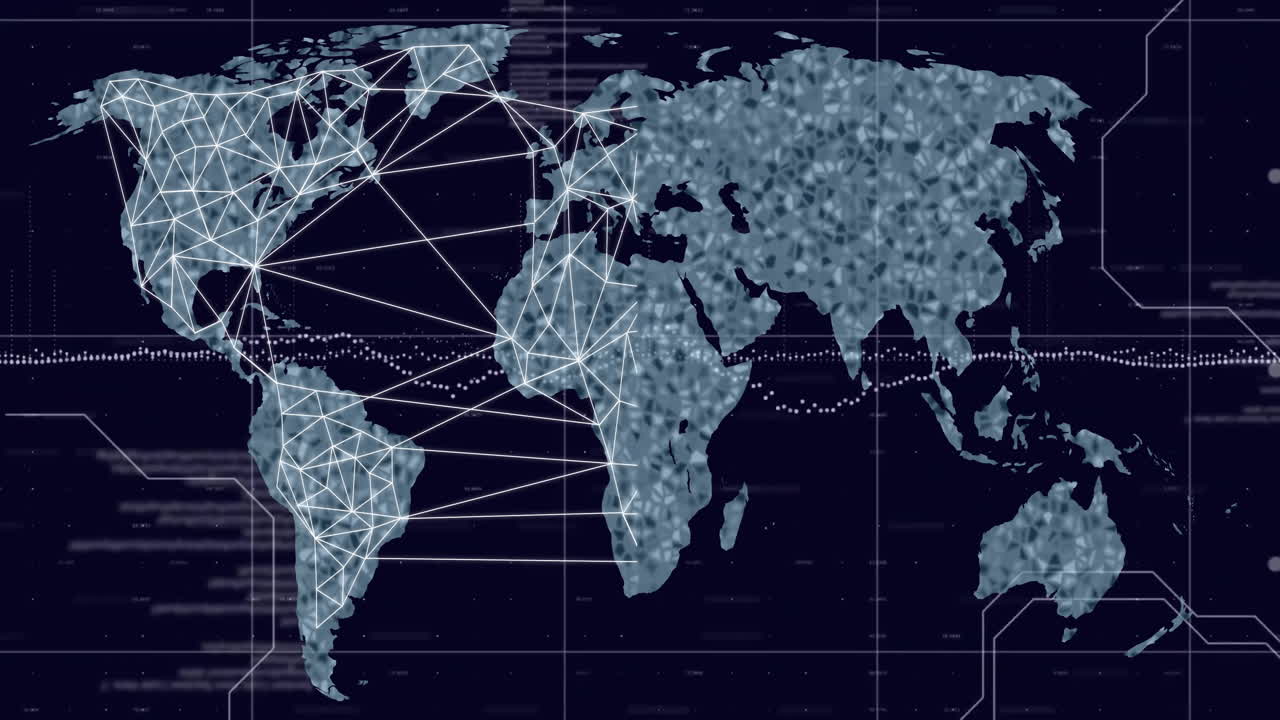 Global network connections and data processing animation over world map