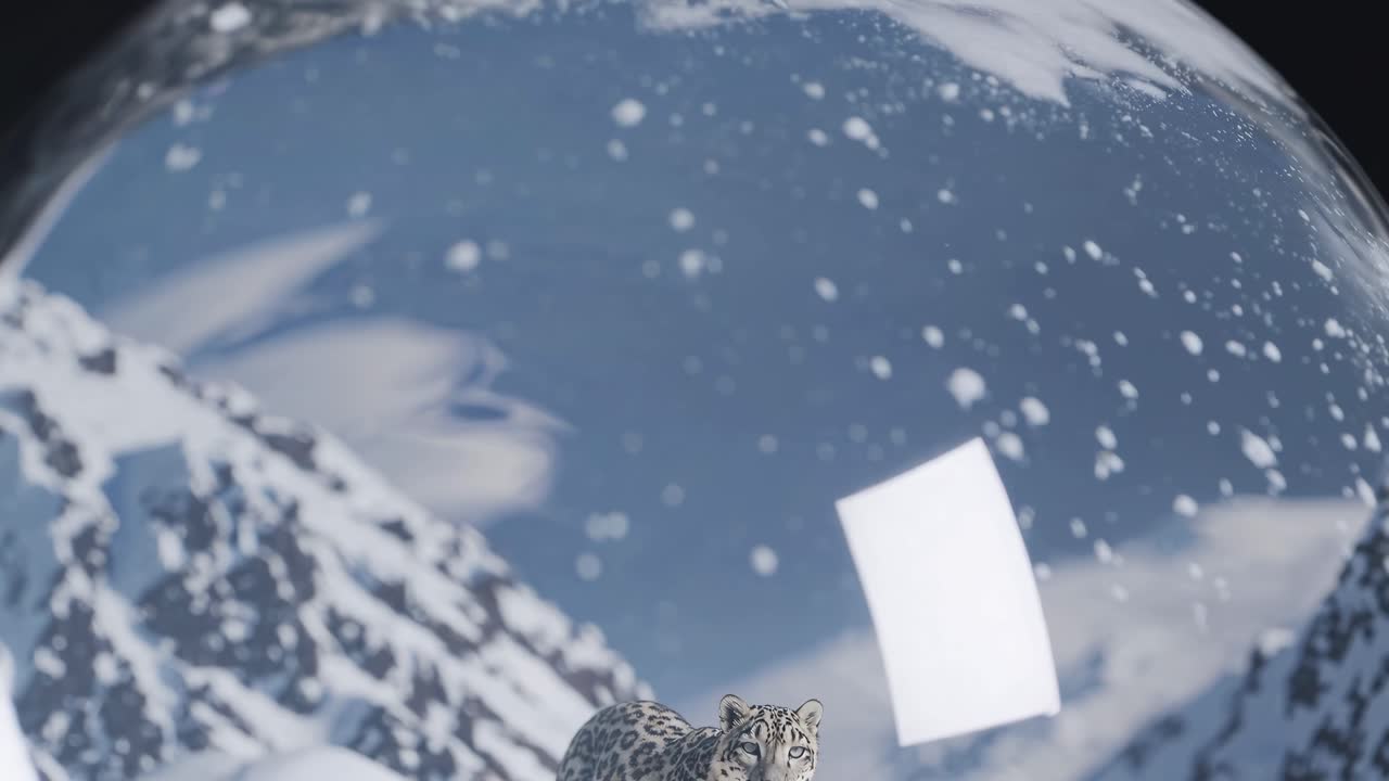 A snow globe with a leopard inside, shot from a low angle. The scene resembles a cinematic video