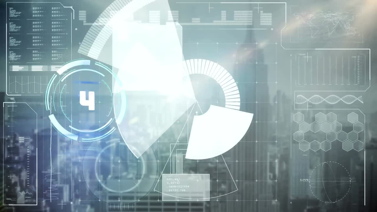 도시 풍경 위의 범위 스캐닝과 데이터 처리 애니메이션