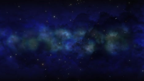CGI-universe-zoom-through-of-stars-in-striped-deep-blue-cloudy-nebula-in-space,-wide-view