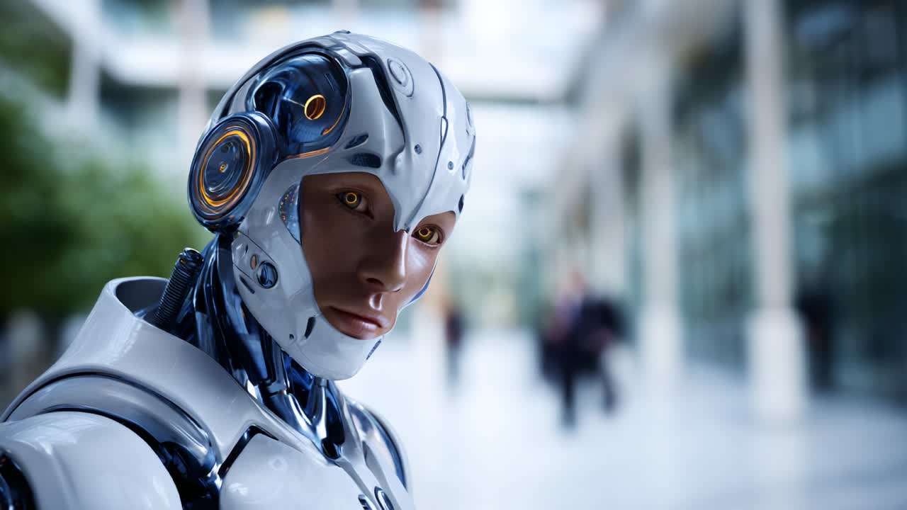 Robot umanoide avanzato con caratteristiche complesse, che mostra una fusione di tecnologia e realismo in un ambiente futuristico, catturando l'essenza dell'intelligenza artificiale
