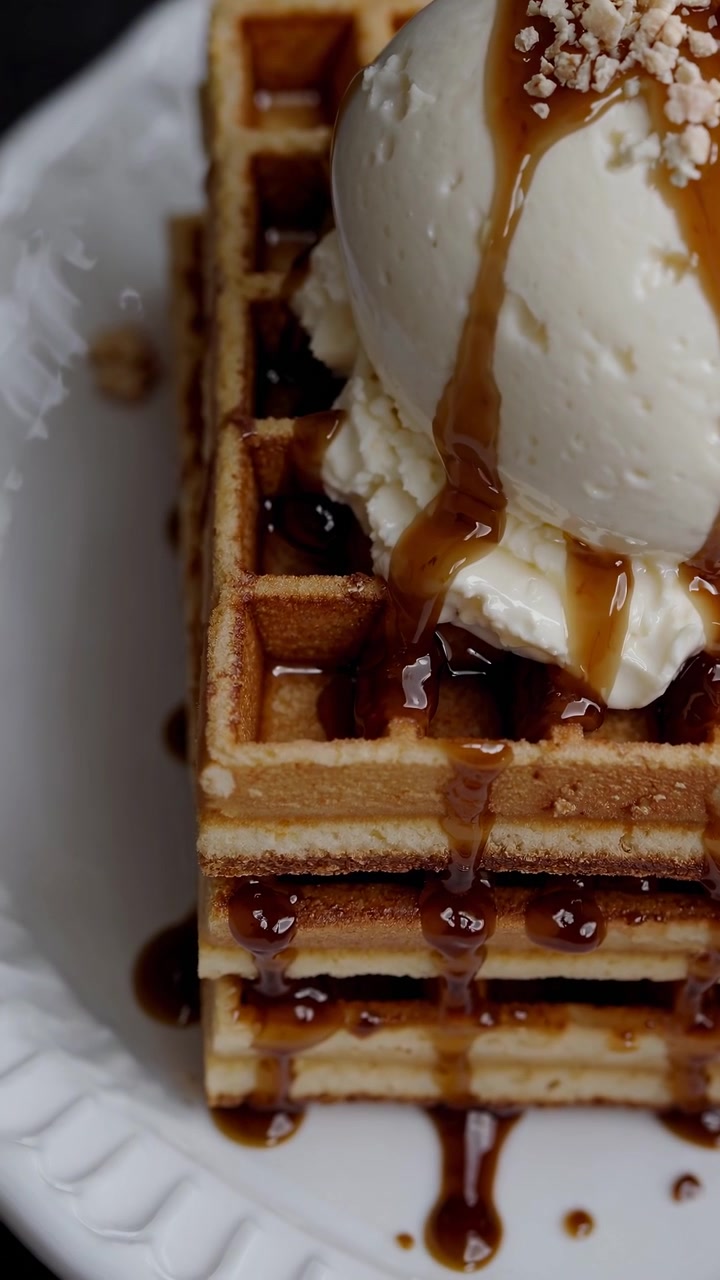 Stack of Fresh Waffles Topped with Vanilla Ice Cream and Caramel Sauce