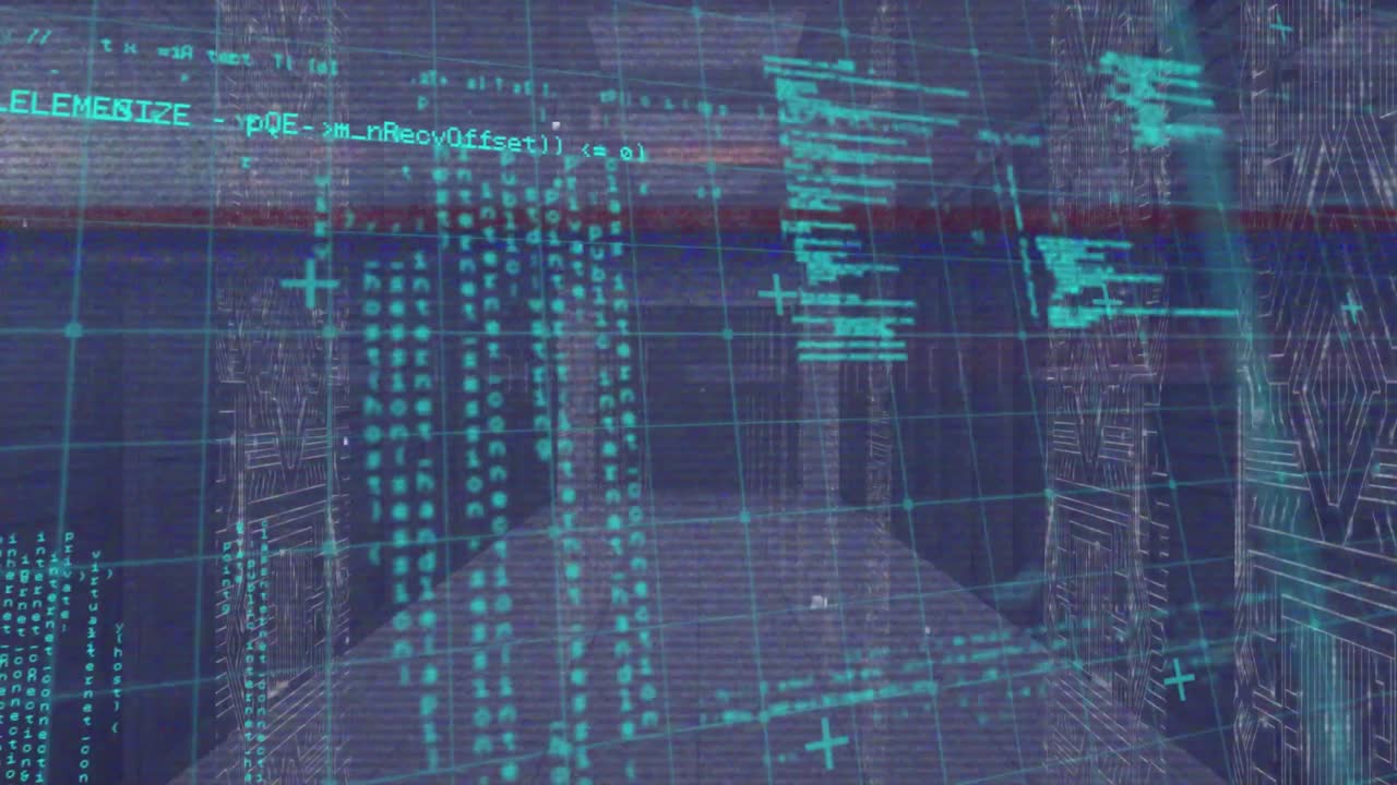 Animation of glitch technique, computer language and circuit board pattern on server room