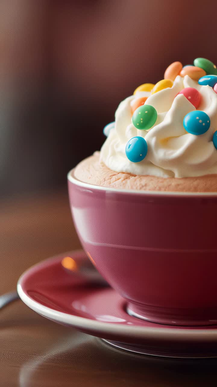 Vertical video: Opening camera shifting focus to capture cream and candy details on cup at cafe