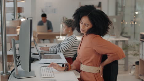 back pain, office and woman at night with spine