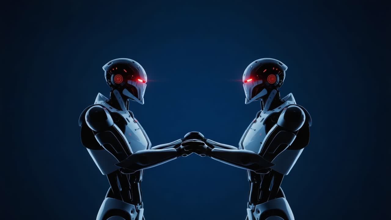 A Fascinating Encounter Between Two High-Tech Robots, Showcasing Their Sleek Designs and Intense Red Eyes Against a Mysterious Dark Blue Background