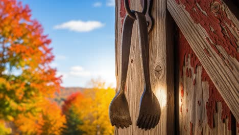 a close-up of vintage wooden utensils hanging against a backdrop of vibrant autumn foliage in a rustic setting, capturing the essence of seasonal beauty