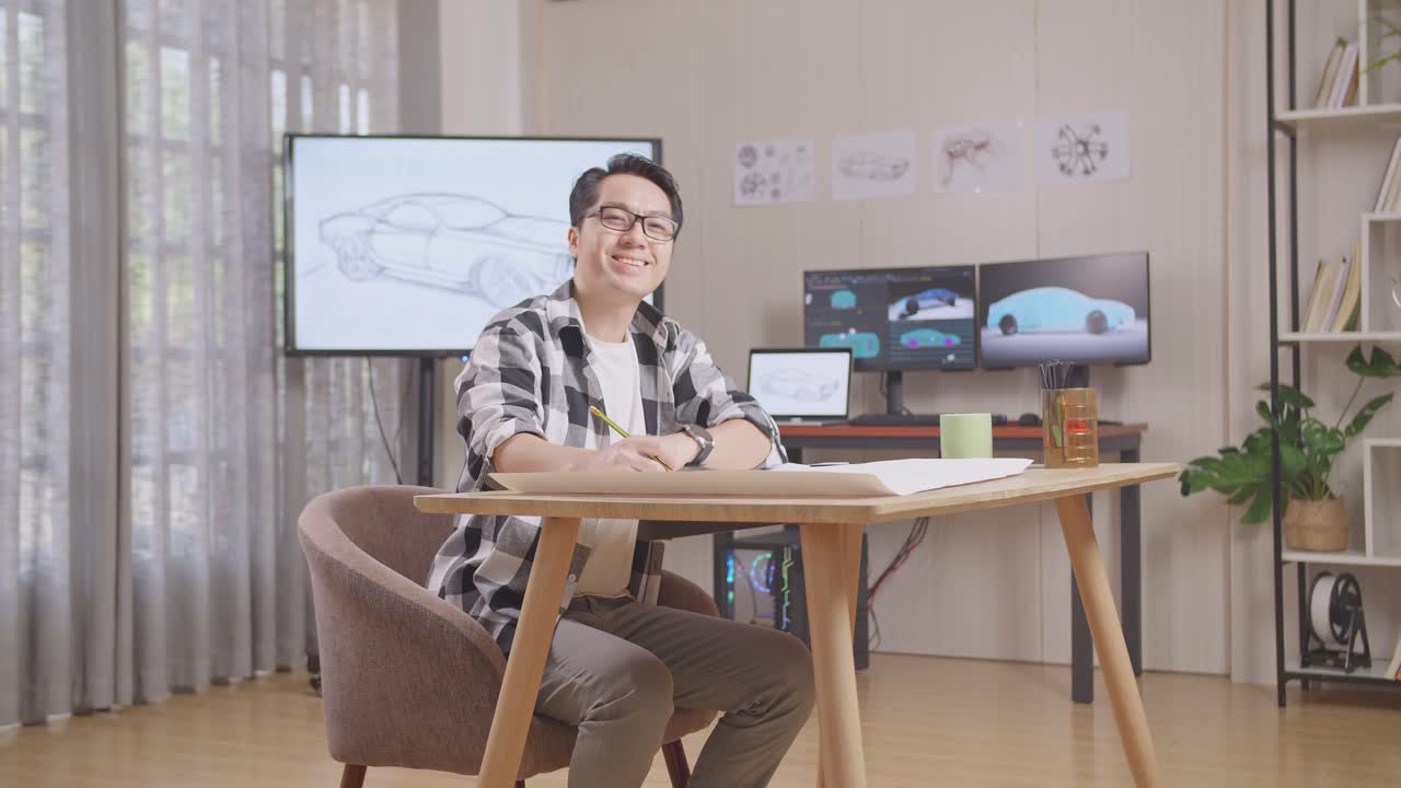 tv와 컴퓨터 디스플레이 3d 전기 자동차 모델과 함께 스튜디오에서 테이블에 자동차 디자인 스케치를 작업하는 동안 카메라에 미소 짓는 아시아 남성
