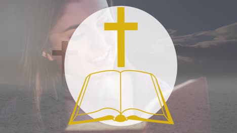 animation of bible icon over caucasian woman reading bible