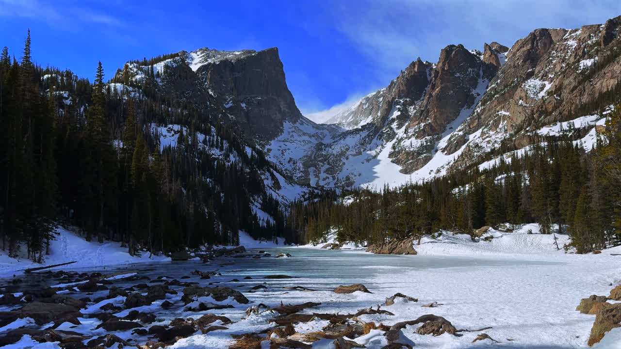 Lago dei Sogni ghiacciato, paese delle meraviglie innevato invernale, Parco Nazionale delle Montagne Rocciose RMNP Colorado, alta montagna, sentiero Lago Smeraldo Lago dell'Orso, drone aereo, Picco Hallett, cielo blu soleggiato, Montagne Flattop, venti forti, brezza