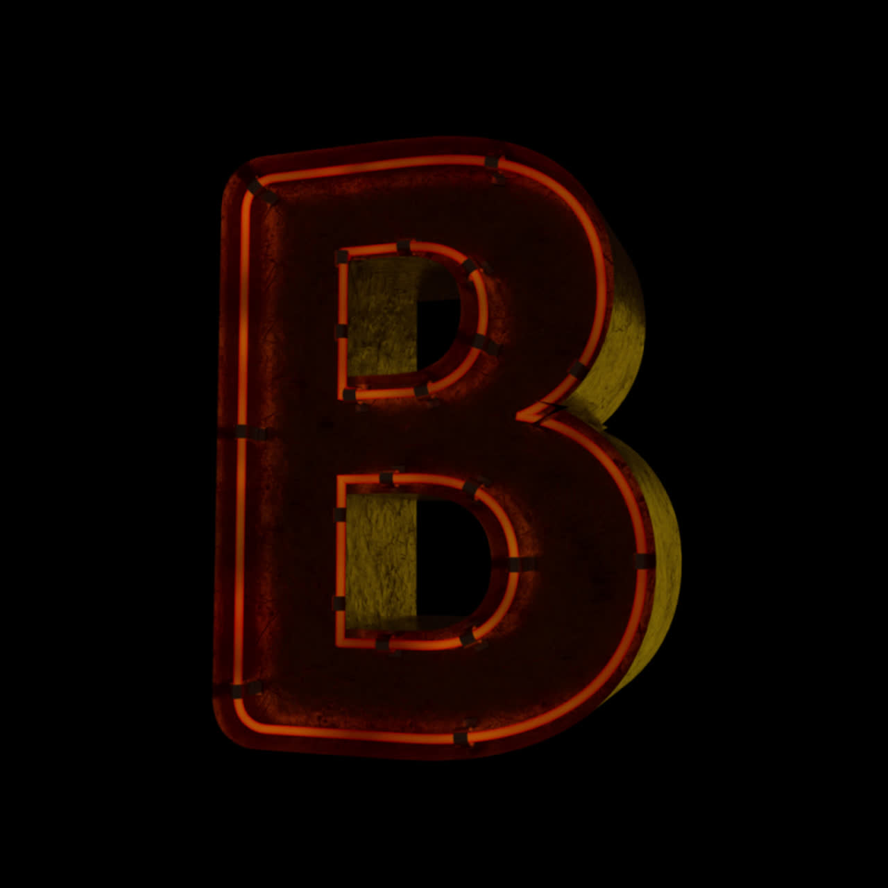 Lettera B 3D con luci al neon arancioni che si accendono