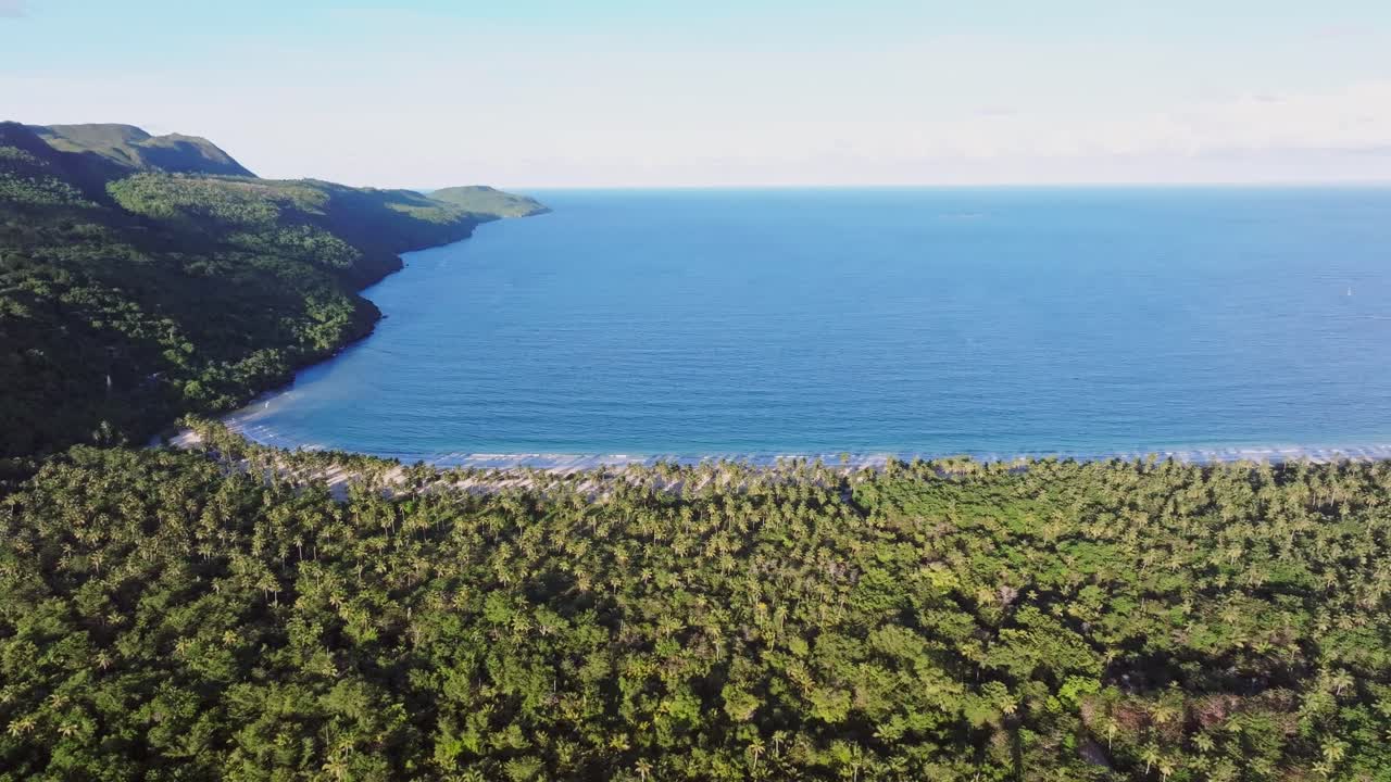 Breathtaking aerial view of Playa Rincon with turquoise waters, palm-filled coastline, and lush tropical landscapes in Samana, Dominican Republic