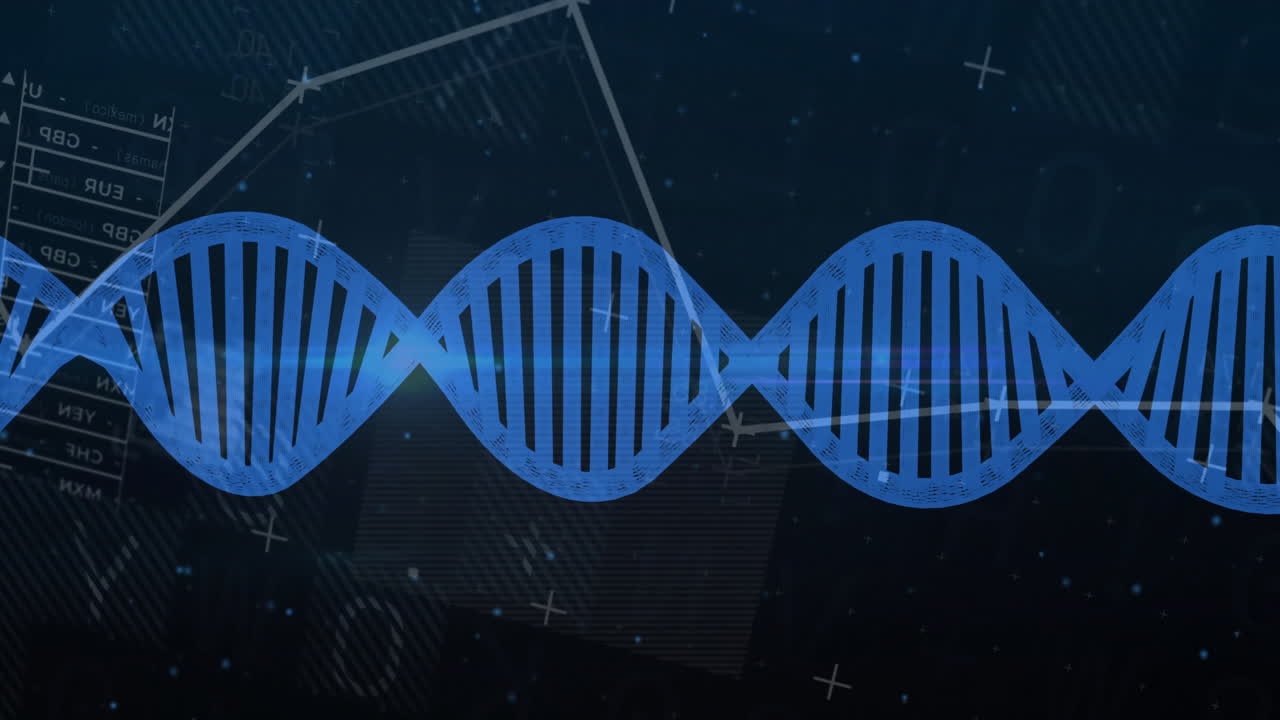 DNA strand and scientific data processing animation over dark background