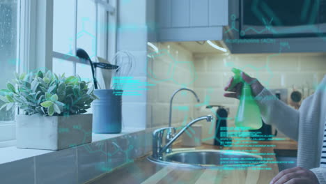 woman misting plant on kitchen countertop during technology demo, with floating formula graphics