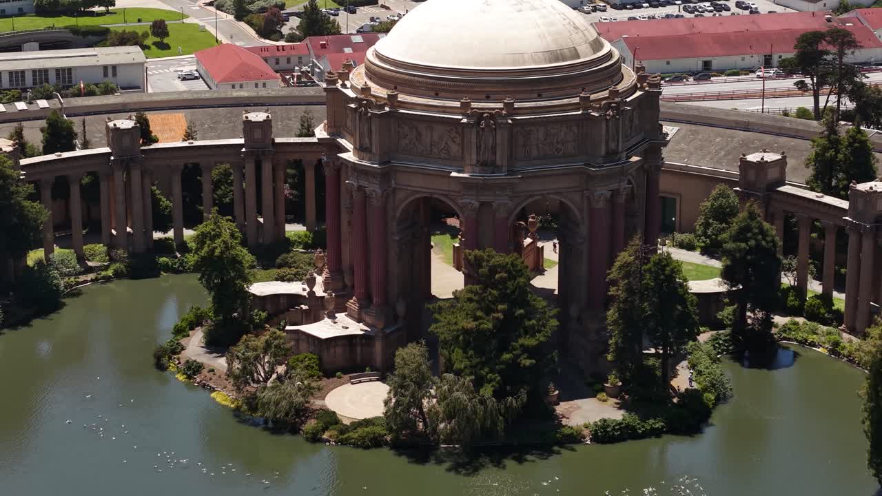 Drone Shot, Palace of Fine Arts Rotunda and Birds Flying Above Lake, San Francisco California USA Landmark