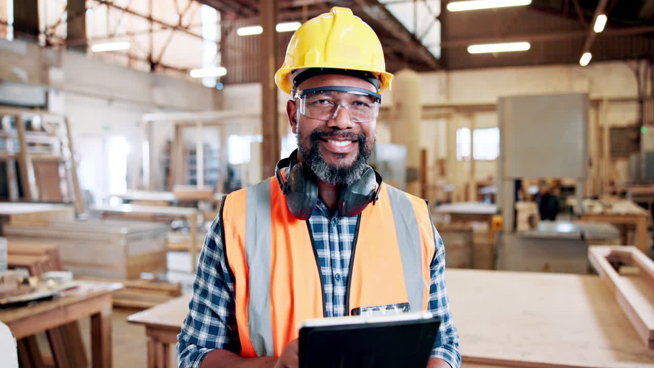 Smiling African American Worker in Hard Hat and Safety Vest Using Tablet