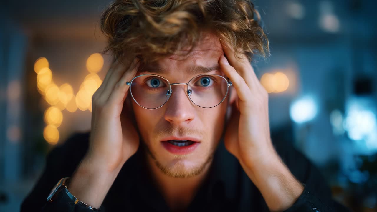 A Young Man with Messy Hair and Glasses Holding His Head in Disbelief, Capturing a Moment of Stress and Overwhelm in a Dimly Lit Room Filled with Lights